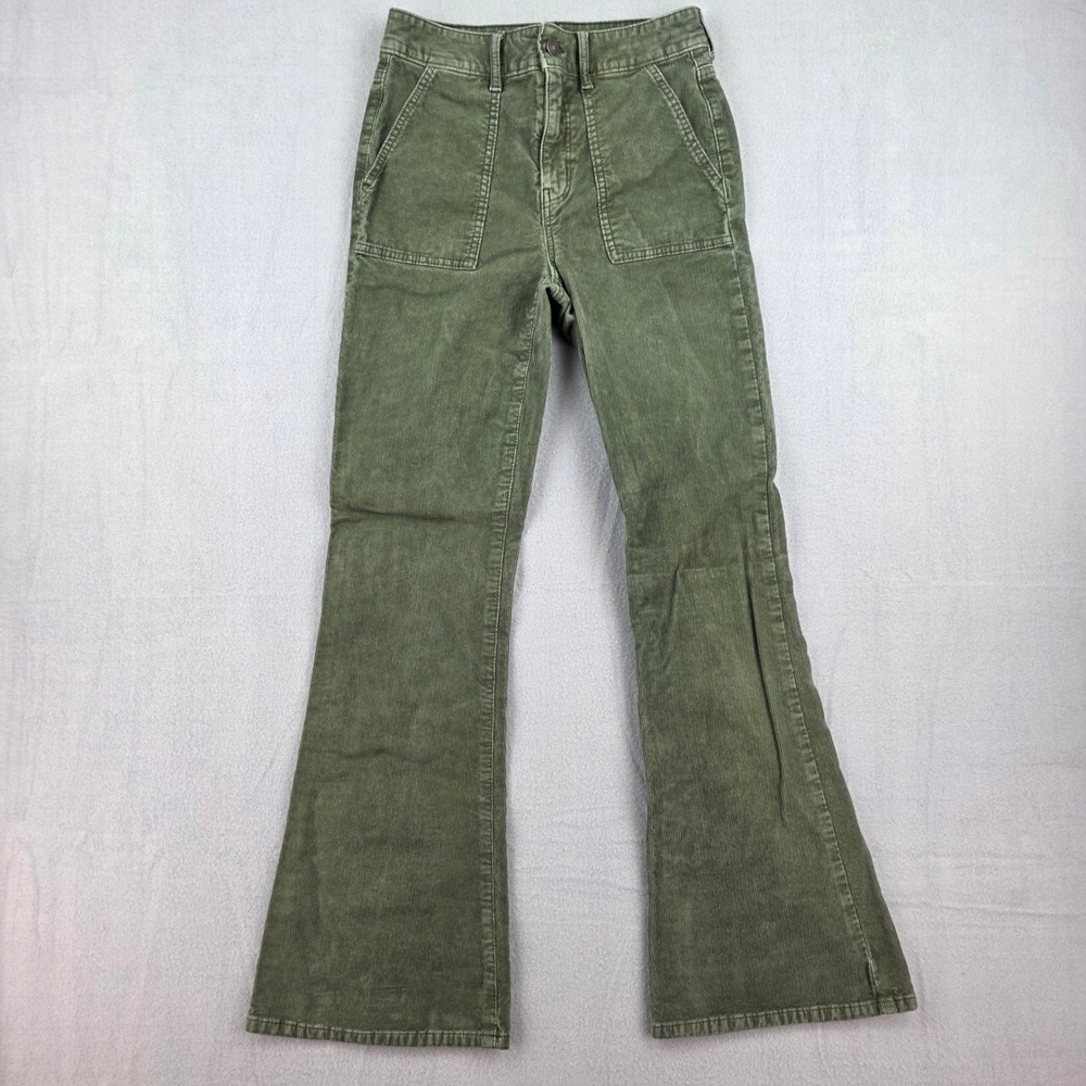 American Eagle Corduroy Pants Womens 2 Green Super Hi-Rise Flare Patch Pocket
